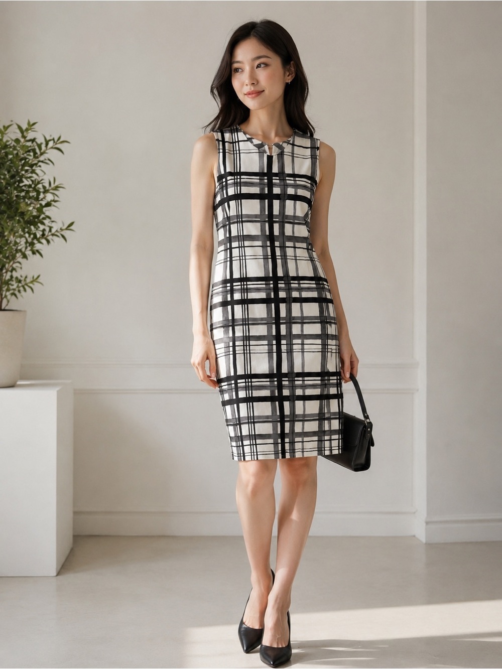 J. McLaughlin Black White Gray Plaid Sheath Dress Sleeveless Stretch Size Small